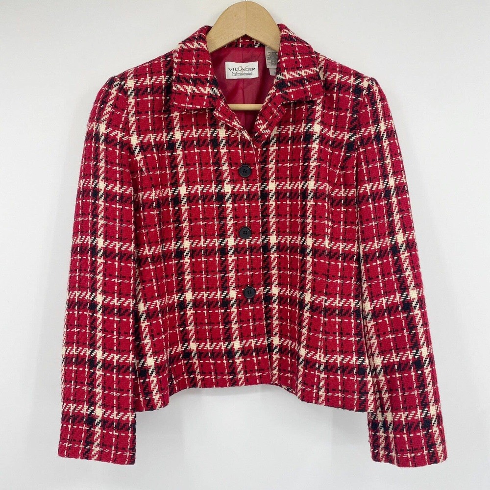 Villager by Liz Claiborne Wool Blend Blazer Red Black Plaid Sz 6P